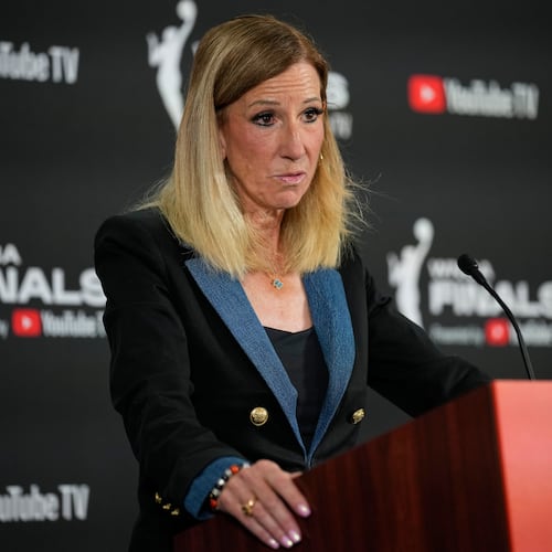 WNBA commissioner Cathy Engelbert speaks prior to Game 1 of a WNBA basketball final playoff series between the Las Vegas Aces and the Phoenix Mercury, Friday, Oct. 3, 2025, in Las Vegas. (AP Photo/John Locher)