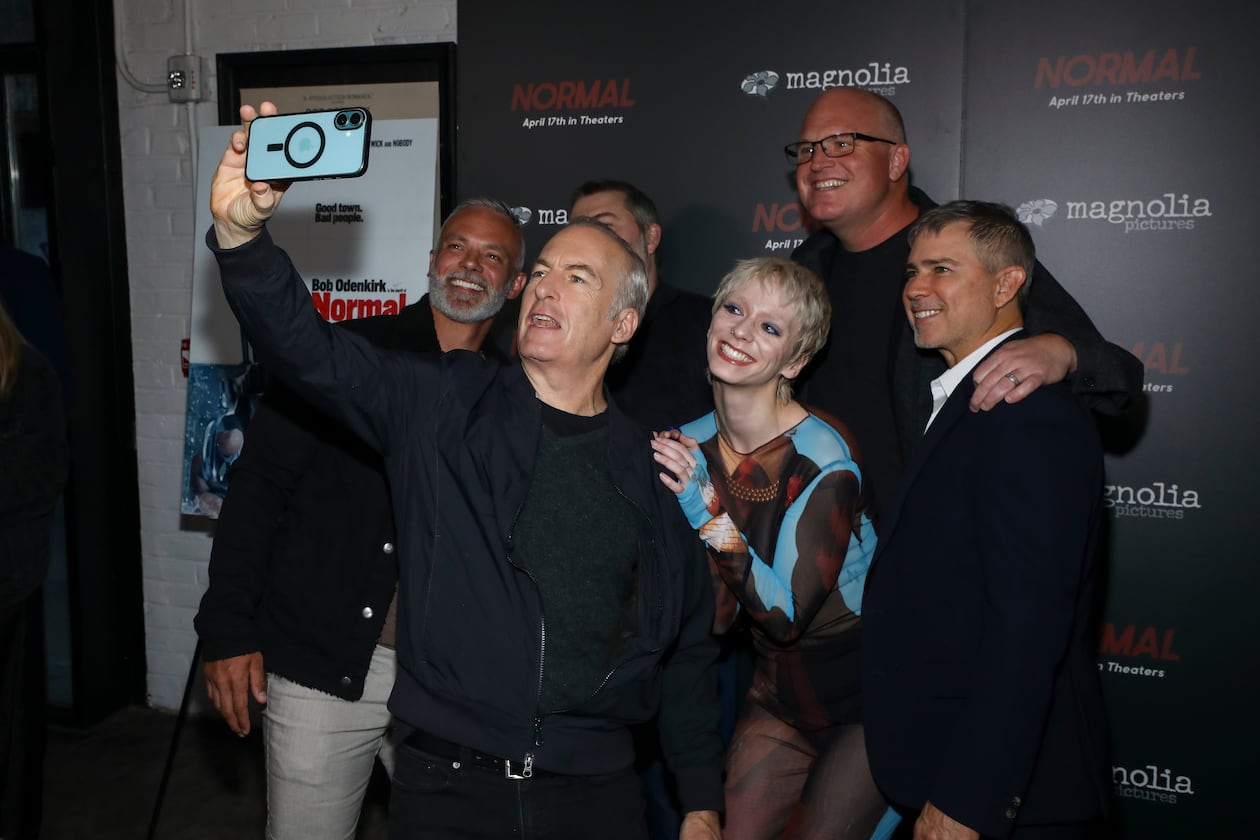 From left, Greg Rementer, Bob Odenkirk, Jess McLeod, Derek Kolstad and Marietta's Marc Provissiero attend the premiere of "Normal" on Tuesday, April 7, 2026, at Metrograph in New York. (Andy Kropa/AP)