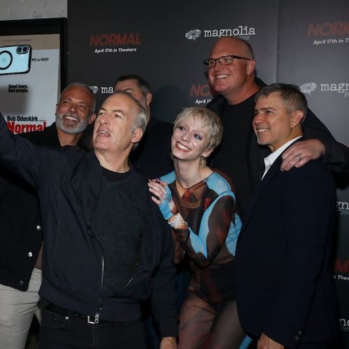 From left, Greg Rementer, Bob Odenkirk, Jess McLeod, Derek Kolstad and Marietta's Marc Provissiero attend the premiere of "Normal" on Tuesday, April 7, 2026, at Metrograph in New York. (Andy Kropa/AP)