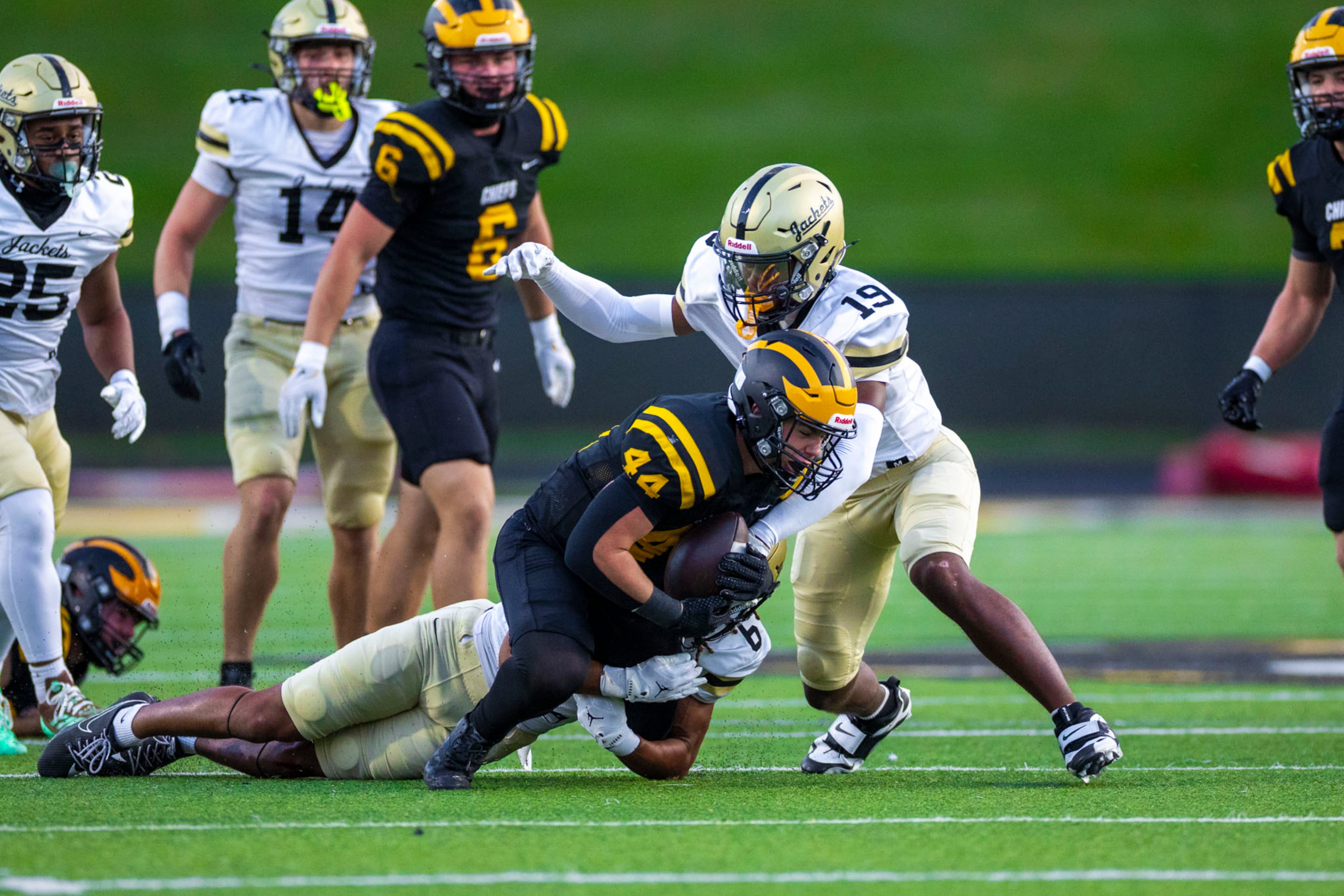 Sequoyah fullback Brayden Wilbur (#44) gets tackled during the first half against Sprayberry at Skip Pope Stadium in Canton, GA on Friday, Sept. 12th, 2025. (Oscar Guevara Saenz for the Atlanta Journal Constitution)