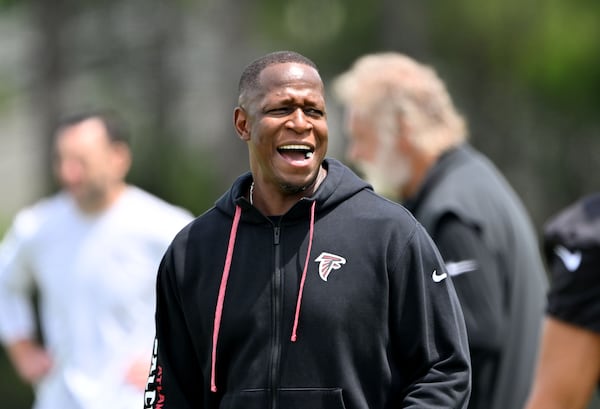 Falcons head coach Raheem Morris during Friday's rookie minicamp session.