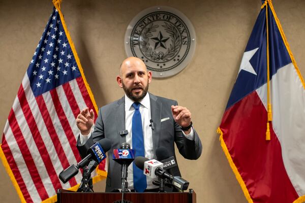 El Paso County District Attorney James Montoya speaks during a news conference Tuesday, March 25, 2025, in El Paso, Texas. (AP Photo/Andres Leighton)