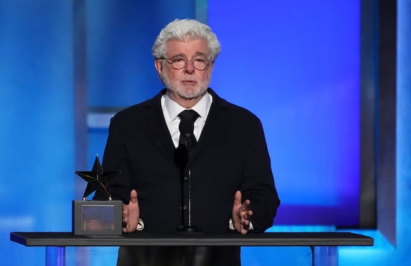 Filmmaker George Lucas speaks from the stage during the 50th AFI Life Achievement Award tribute to Francis Ford Coppola on Saturday, April 26, 2025, at the Dolby Theatre in Los Angeles. (AP Photo/Chris Pizzello)