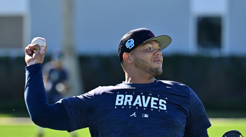 Atlanta Braves relief pitcher Joe Jimenez throws a ball during the second of the Braves spring training at CoolToday Park, Tuesday, Feb. 14, 2023, in North Port, Fla.. (Hyosub Shin / Hyosub.Shin@ajc.com)