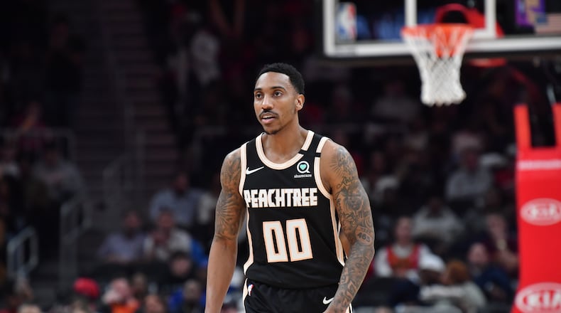 Hawks Jeff Teague returns to the Atlanta Hawks during a NBA basketball game at State Farm Arena on Saturday, January 18, 2020. The team obtained Teague and Treveon Graham from the Timberwolves in a trade for Allen Crabbe. (Hyosub Shin / Hyosub.Shin@ajc.com)