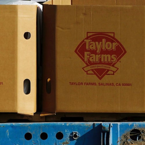 FILE - Taylor Farms boxes are loaded on a field in the town of Doctor Mora, on the central state of Guanajuato, Mexico, March 26, 2008. (AP Photo/Guillermo Arias, file)