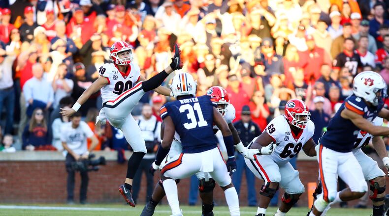 Georgia punter Jake Camarda (90) during the Bulldogsâ game against Auburn at Jordan-Hare Stadium in Auburn, Ala. on Saturday, Nov. 16, 2019. (Photo by Tony Walsh)