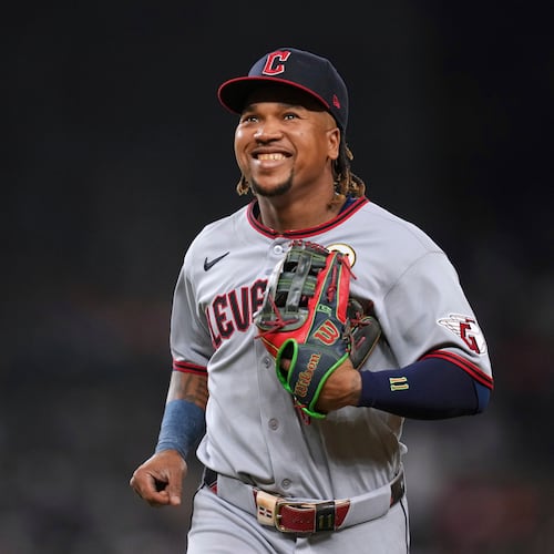 FILE - Cleveland Guardians third baseman JosÈ RamÌrez smiles against the Detroit Tigers during the fifth inning of a baseball game Tuesday, Sept. 16, 2025, in Detroit. (AP Photo/Paul Sancya, File)