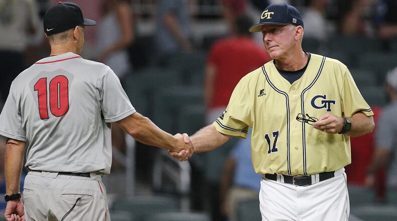 Georgia Tech coach Danny Hall greets Georgia coach Scott Stricklin in the Spring Classic at SunTrust Park on Tuesday, May 9, 2017, in Atlanta. Curtis Compton/ccompton@ajc.com
