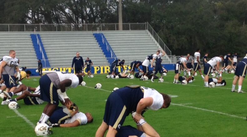 Georgia Tech warming up before practice at Fernandina Beach (Fla.) High School on Tuesday. (AJC photo by Ken Sugiura)