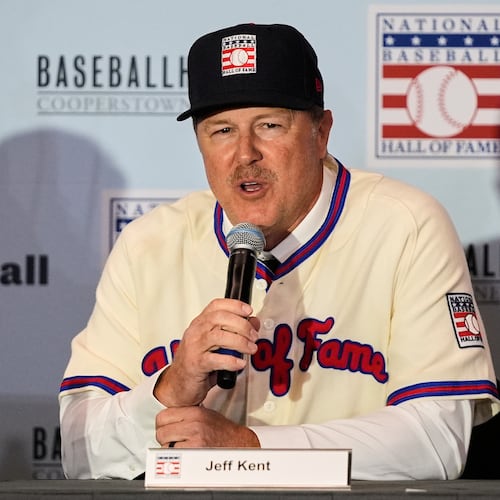 Jeff Kent answers questions after the announcement at a news conference that he was elected to baseball's Hall of Fame during the Major League baseball winter meetings, Monday, Dec. 8, 2025, in Orlando, Fla. (AP Photo/John Raoux)