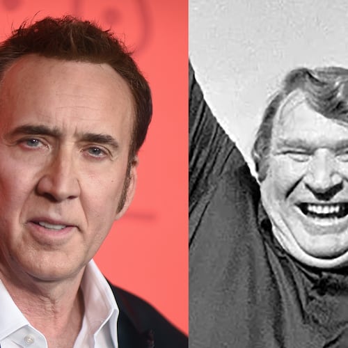 Nicolas Cage (left) plays John Madden from his Oakland Raiders coaching days during the 1970s in the new Amazon biopic "Madden," currently shooting in Atlanta. (AP File)