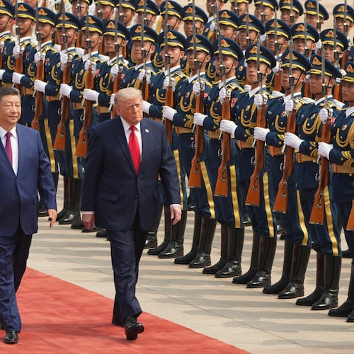 President Donald Trump participates in a welcome ceremony with China's President Xi Jinping at the Great Hall of the People, Thursday, May 14, 2026, in Beijing. (AP Photo/Mark Schiefelbein)