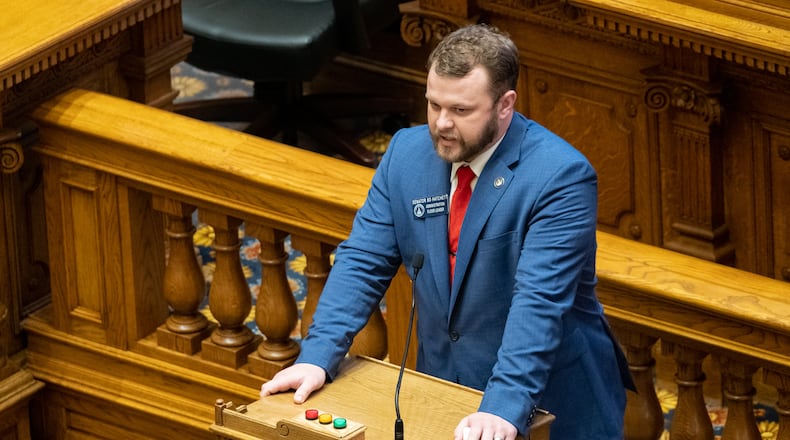 Sen. Bo Hatchett (R-Cornelia) speaks in favor of HB218 on Monday, March 29, 2021. On Wednesday, he introduced Senate legislation that would punish K-12 schools and higher education for teaching certain concepts about race and ethnicity. (Ben Gray for The Atlanta Journal-Constitution)