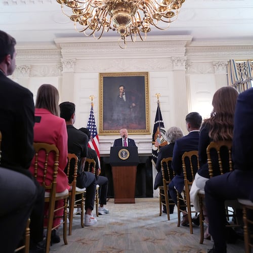 President Donald Trump speaks during an event for NCAA national champions in the State Dining Room of the White House, Tuesday, April 21, 2026, in Washington. (AP Photo/Alex Brandon)