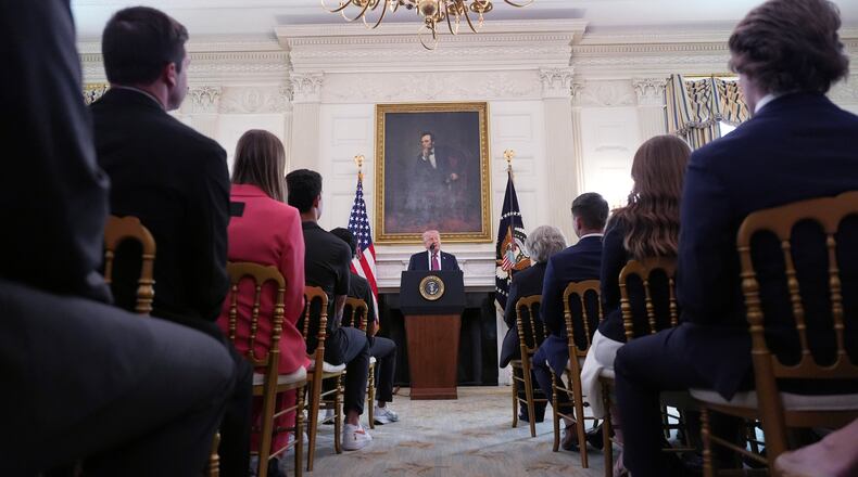 President Donald Trump speaks during an event for NCAA national champions in the State Dining Room of the White House, Tuesday, April 21, 2026, in Washington. (AP Photo/Alex Brandon)