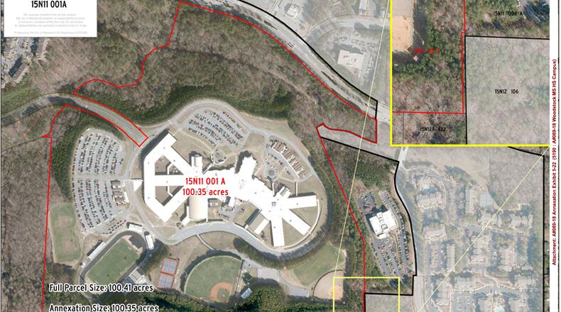 Aerial view depicts Woodstock Middle and High Schools, which are to be annexed into their namesake city. CITY OF WOODSTOCK