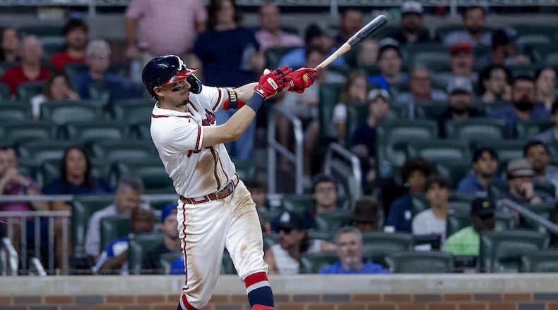 Atlanta Braves' Mauricio Dubón hits a solo home run against the Toronto Blue Jays during the eighth inning of a baseball game, Thursday, June 4, 2026, in Atlanta. (Erik S. Lesser/AP)