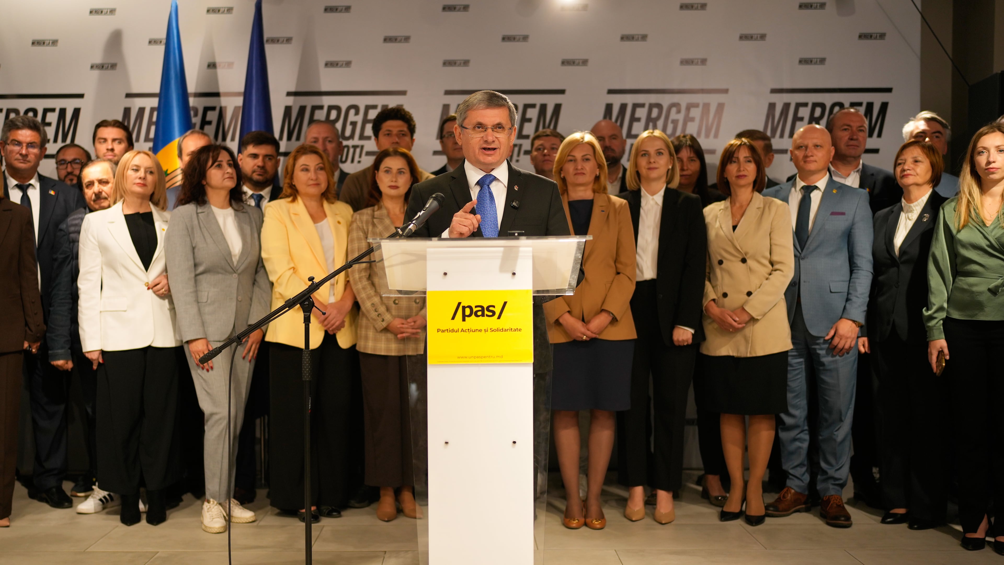 Igor Grosu, president of Moldova's parliament and leader of the pro-EU Party of Action and Solidarity speaks to the media after the parliamentary election, in Chisinau, Moldova, Monday, Sept. 29, 2025. (AP Photo/Vadim Ghirda)