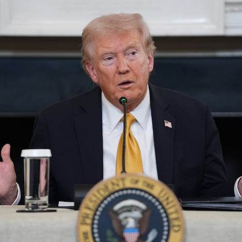 FILE - President Donald Trump answers questions from reporters during a roundtable on criminal cartels in the State Dining Room of the White House, Oct. 23, 2025, in Washington. (AP Photo/Evan Vucci, File)
