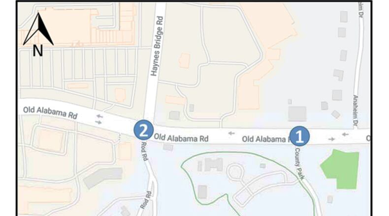 Map depicts the locations of two traffic signals to be upgraded on Old Alabama Road in Johns Creek. CITY OF JOHNS CREEK