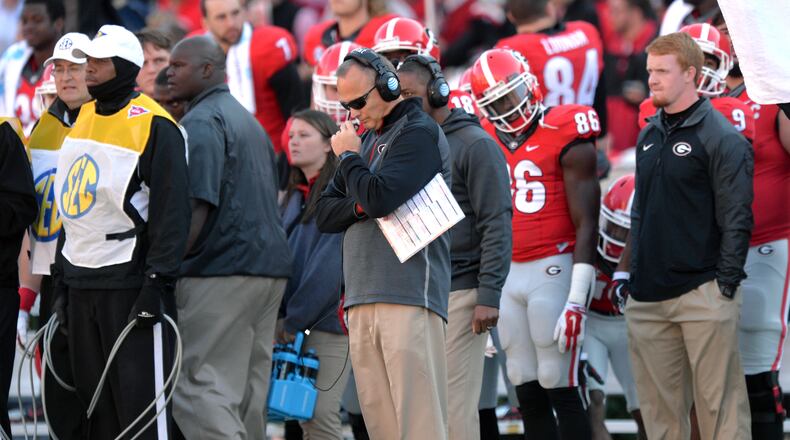 November 29, 2014 Athens - Georgia Bulldogs head coach Mark Richt reacts in the second half against the Georgia Tech Yellow Jackets at Sanford Stadium in Athens on Saturday, November 29, 2014. In the 109th playing of the Tech-Georgia game, the No. 16 Yellow Jackets ended the No. 9 Bulldogs�five-game winning streak in the series with a 30-24 overtime win at Sanford Stadium Saturday afternoon. HYOSUB SHIN / HSHIN@AJC.COM