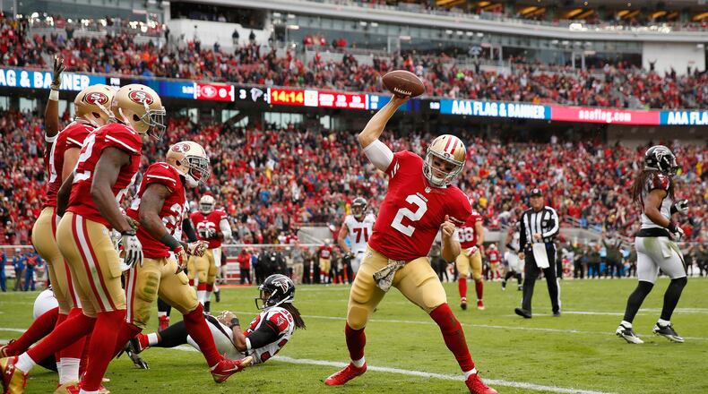 SANTA CLARA, CA - NOVEMBER 08: Blaine Gabbert #2 of the San Francisco 49ers reacts after being tackled close to the goal line during the first half of their game against the Atlanta Falcons at Levi's Stadium on November 8, 2015 in Santa Clara, California. The ball was ruled down on the 1-yard line and the 49ers scored on the next play. (Photo by Ezra Shaw/Getty Images)