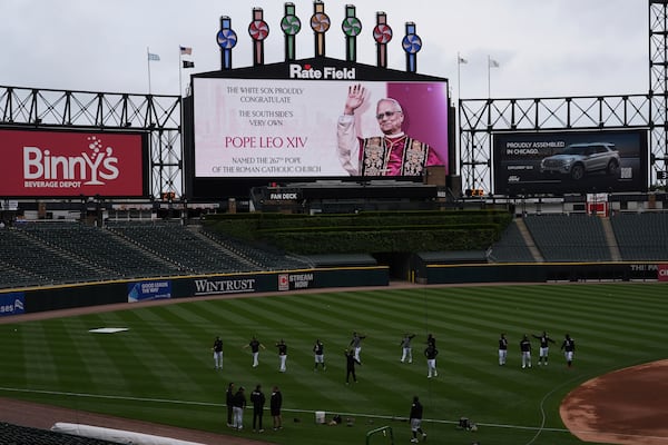 The Chicago White Sox honors Pope Leo XIV on the scoreboard at Rate Field before a baseball game between the Seattle Mariners and the Chicago White Sox in Chicago, Monday, May 19, 2025. (AP Photo/Nam Y. Huh)
