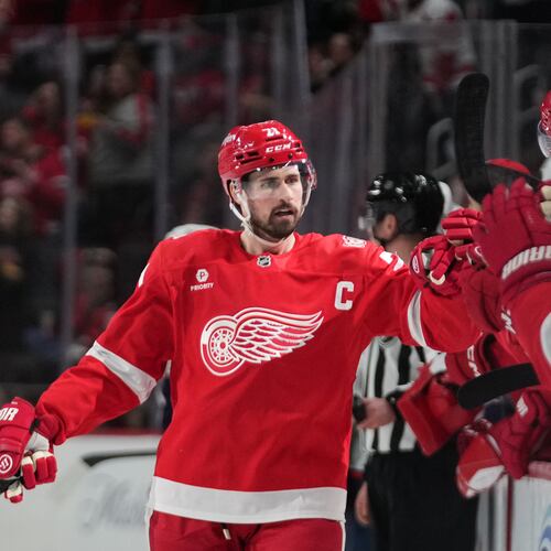 FILE - Detroit Red Wings center Dylan Larkin celebrates his goal against the Columbus Blue Jackets in the first period of an NHL hockey game in Detroit, April 7, 2026. (AP Photo/Paul Sancya, File)