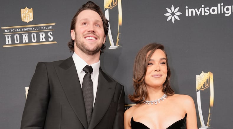 FILE - Josh Allen, of the Buffalo Bills, and Hailee Steinfeld appear at the NFL Honors award show ahead of the Super Bowl 59 football game in New Orleans on Feb. 6, 2025. (AP Photo/Gerald Herbert, File)