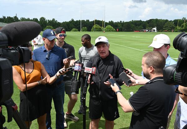 Falcons offensive line coach Bill Callahan speaks to the media at the team's training facility Wednesday, May 27, 2026, in Flowery Branch. (Hyosub Shin/AJC)