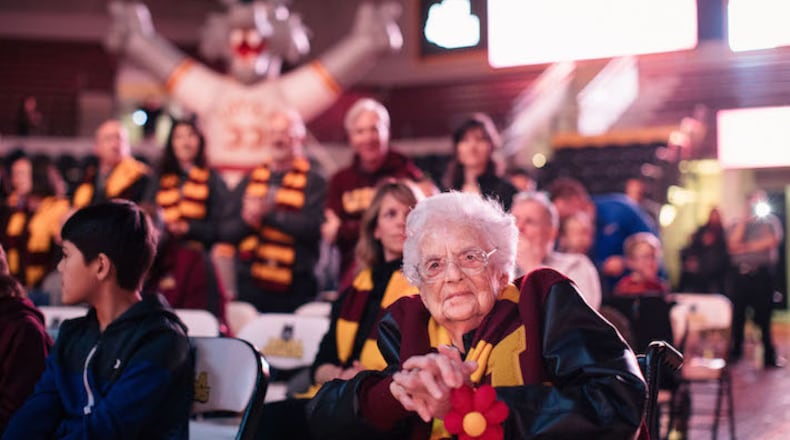 **EMBARGO: No electronic distribution, Web posting or street sales before 2:01 a.m. ET Thursday, March 22, 2018. No exceptions for any reasons. EMBARGO set by source.** FILE -- Sister Jean Dolores Schmidt, chaplain for Loyola-Chicagoâs men's basketball team, on the university campus in Chicago, March 11, 2018. With Loyola about the face Nevada in the NCAA tournament's round of 16 on Thursday, the 98-year-old nun has become a media darling, recently capping an interview-filled 24 hours with an appearance on âGood Morning America.â (Alyssa Schukar/The New York Times)