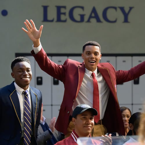 This image released by Peacock shows Olly Sholotan as Carlton, left, and Jabari Banks as Will, in a scene from Bel-Air." (Anne Marie Fox/Peacock via AP)