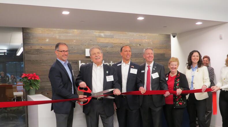 Matt Me3llott, CEO of Brightree, Peachtree Corners Mayor Mike Mason, Councilmembers Phil Sadd, Weare Gratwick, Lorri Christopher and State Representative (Dist.95) Beth Moore at the recent opening of Brightree, a cloud-based health care company. (Courtesy City of Peachtree Corners)