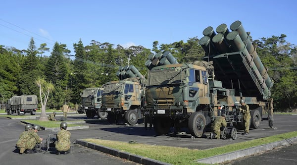 Type-88 surface-to-ship short range missiles are deployed as part of a Japan-U.S. joint military excercise on Tokunoshima island, Kagoshima prefecture, southern Japan on Oct. 28, 2024. (Koji Harada/Kyodo News via AP)