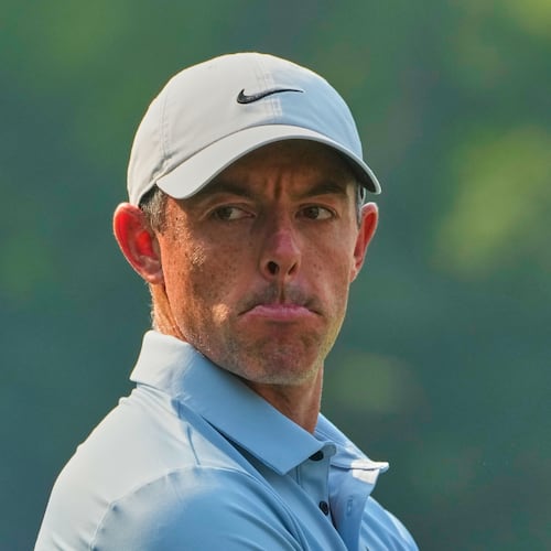 Rory McIlroy of Northern Ireland reacts during the DP World Tour Championship golf tournament in New Delhi, India, Thursday, Oct. 16, 2025. (AP Photo/Manish Swarup)