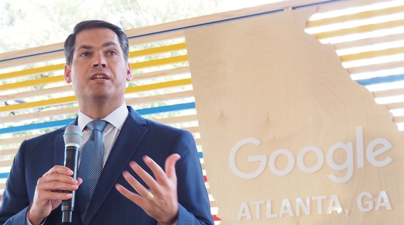 Lt. Gov. Geoff Duncan speaking at Google’s Midtown office groundbreaking on Monday. (Credit: Raisa Habersham/raisa.hbaersham@ajc.com)