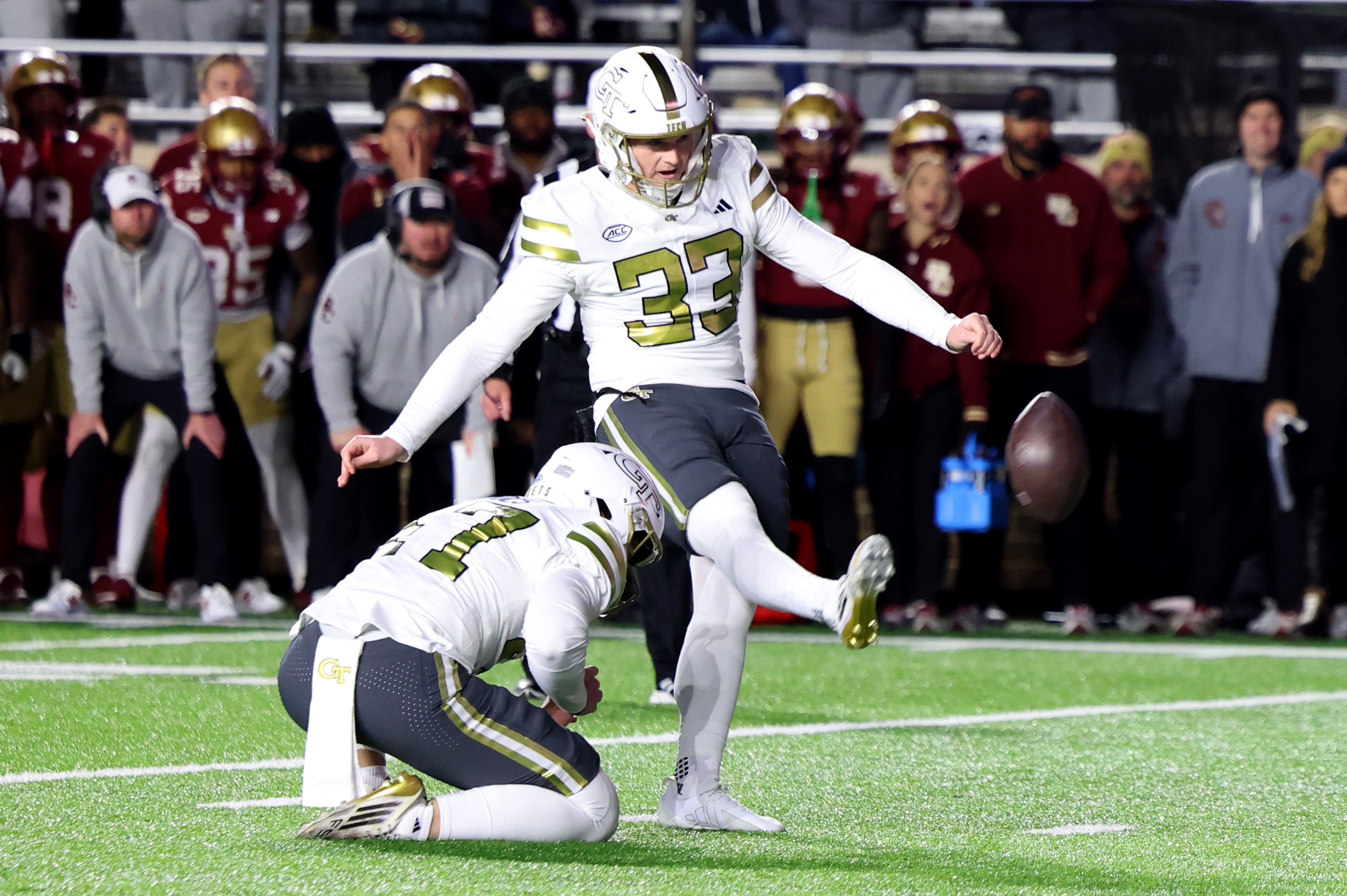 Georgia Tech kicker Aidan Birr (33) boots a field goal to put his team ahead of Boston College during the second half of an NCAA college football game Saturday, Nov. 15, 2025, in Boston. (AP Photo/Mark Stockwell)