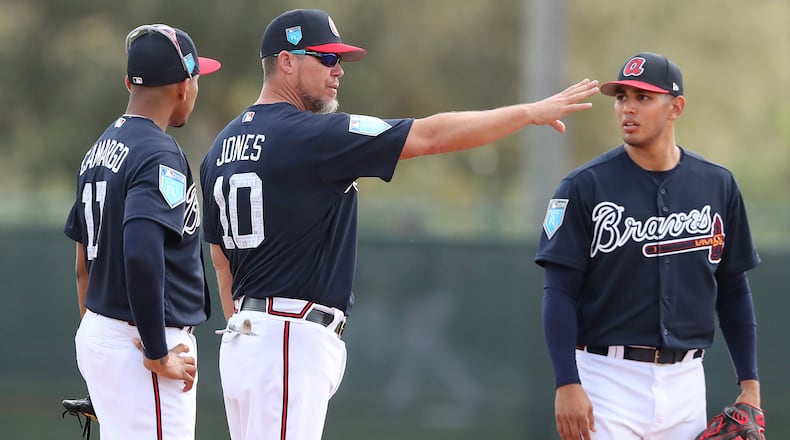 Braves recently elected Hall of Fame third baseman Chipper Jones works at third base with Johan Camargo (left) and Rio Ruiz at spring training at Disney’s Wide World of Sports complex in Lake Buena Vista, Fla.