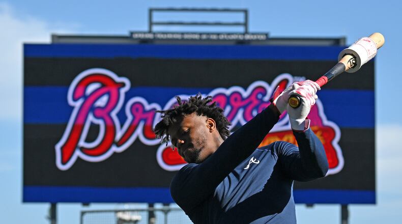 Braves right fielder Ronald Acuna takes practice swings as he waits his turn for batting practice during Braves spring training at CoolToday Park, Thursday, Feb. 16, 2023, in North Port, Fla.. (Hyosub Shin / Hyosub.Shin@ajc.com)