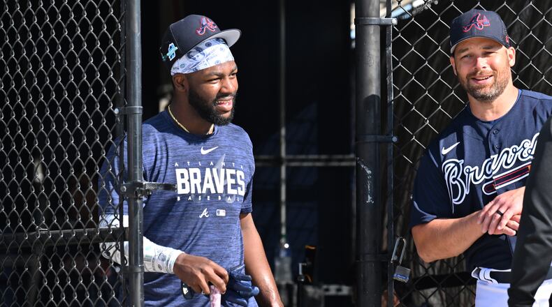 Braves center fielder Michael Harris smiles after batting practice during spring training at CoolToday Park in North Port, Florida. (Hyosub Shin / Hyosub.Shin@ajc.com)