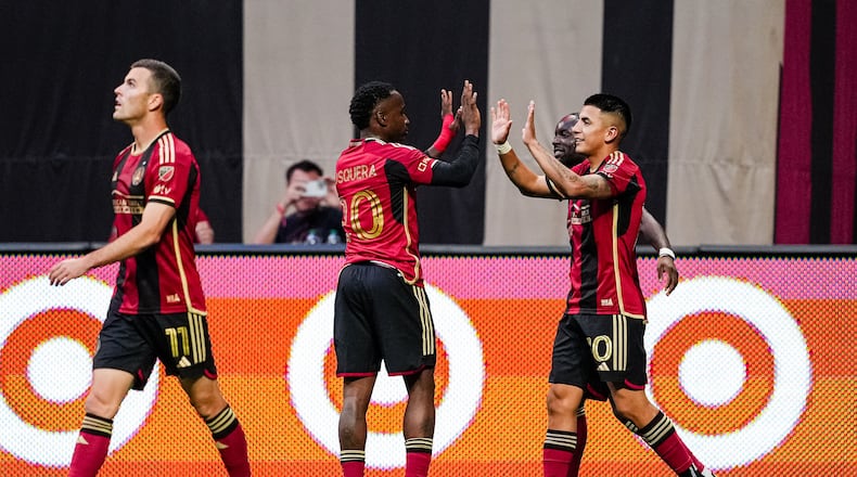 Atlanta United midfielder Thiago Almada #10 scores a goal during the match against the D.C. United at Mercedes-Benz Stadium in Atlanta, GA on Saturday May 11, 2024. (Photo by Mitch Martin/Atlanta United)
