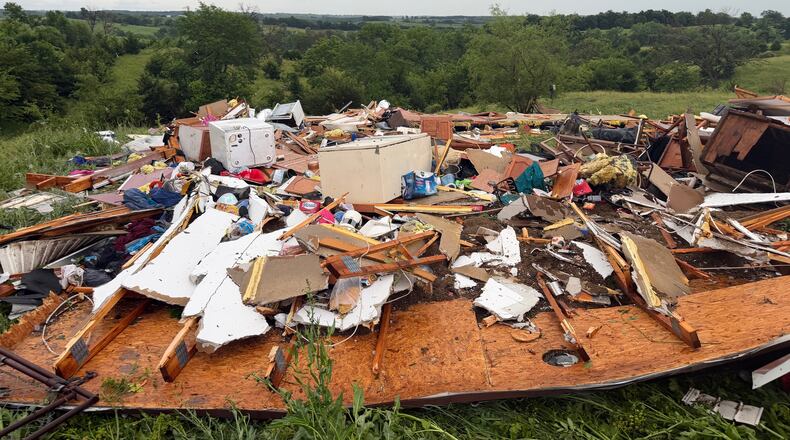 This photo provided by Kylie Rouse shows the remnants of Shane and Jimmie Tipton's home in Unionville, Mo., Wednesday, June 10, 2026, after a tornado struck. (Kylie Rouse via AP)