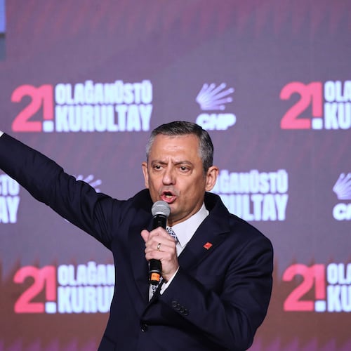 FILE - Republican People's Party or (CHP) leader Ozgur Ozel delivers a speech during a CHP convention, in Ankara, April 6, 2025. (AP Photo/Ali Unal, File)