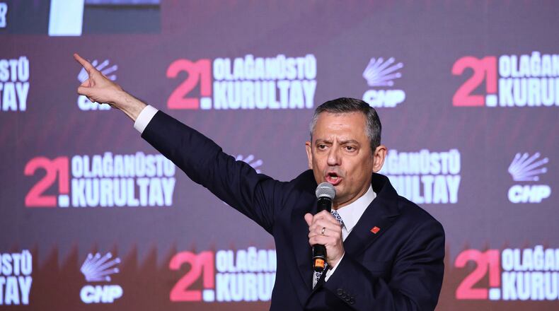 FILE - Republican People's Party or (CHP) leader Ozgur Ozel delivers a speech during a CHP convention, in Ankara, April 6, 2025. (AP Photo/Ali Unal, File)