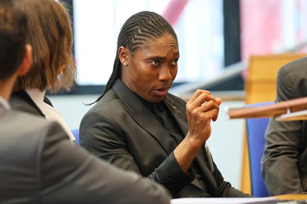South Africa's Caster Semenya sits in the European Court of Human Rights before its decision over sex eligibility rules in sports, Thursday, July 10, 2025 in Strasbourg, eastern France. (AP Photo/Antonin Utz)