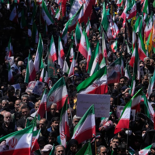 Government supporters gather to mark the 40th day since the death of Supreme Leader Ayatollah Ali Khamenei in Tehran, Iran, Thursday, April 9, 2026. (AP Photo/Vahid Salemi)