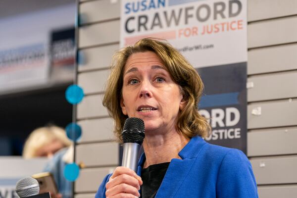Wisconsin Supreme Court candidate Susan Crawford addresses a crowd Saturday, March 29, 2025 at a campaign stop at a field office for the Democratic Party of Wisconsin, in Milwaukee. (AP Photo/Andy Manis)