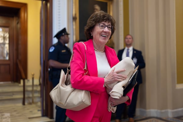 Sen. Susan Collins, R-Maine, chair of the Senate Appropriations Committee, walks from the chamber to his office as Majority Leader John Thune struggles with Republicans, like Collins, who are opposed to President Donald Trump's signature bill of big tax breaks and spending cuts, at the Capitol in Washington, Tuesday, July 1, 2025. (AP Photo/J. Scott Applewhite)