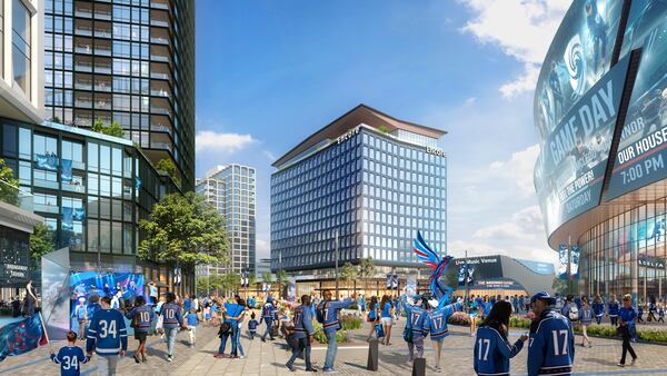 This is a rendering of a proposed mixed-use redevelopment of North Point Mall in Alpharetta. In addition to the proposed hockey arena, the developers envision a 4,000-seat music hall and performing arts center, a community hockey rink, a movie theater, hotels, office spaces, restaurants, apartment buildings and retail spaces. (Courtesy of Jamestown Properties)